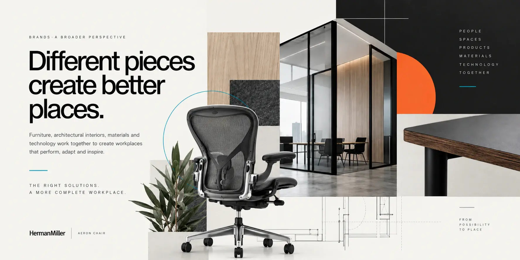 Editorial collage combining workplace furniture, architectural interiors, materials, technical drawings and a completed space