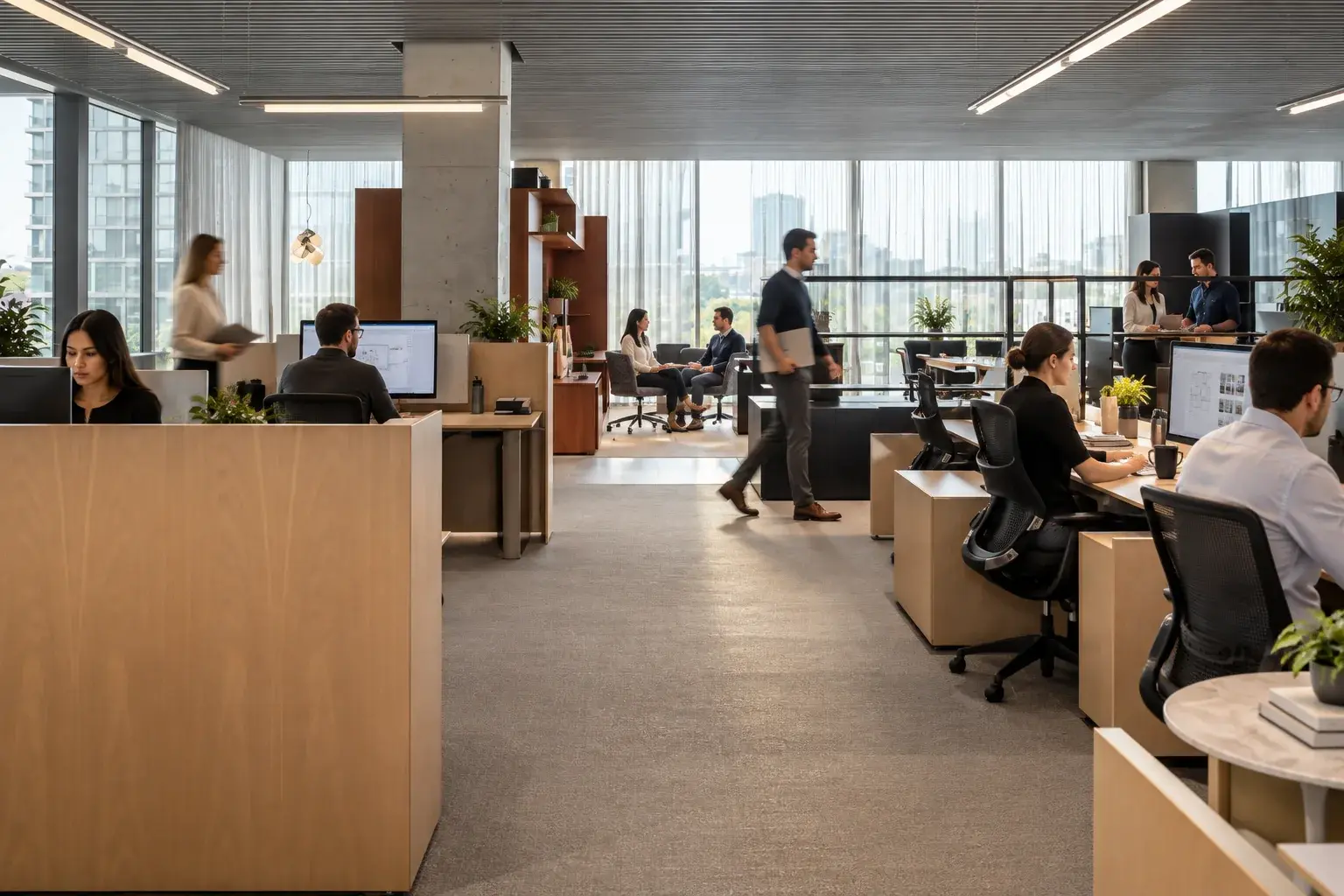 People working and meeting in an open-plan office
