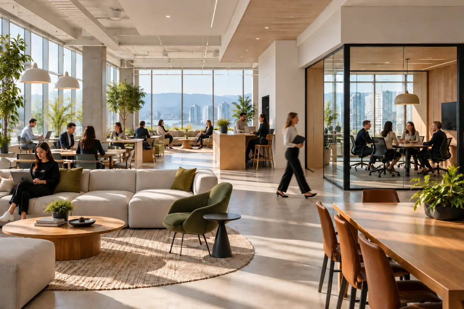 Contemporary workplace with open gathering spaces and a glazed meeting room
