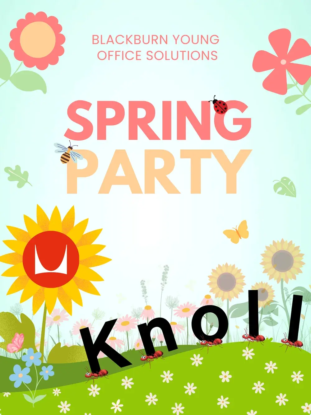 Colourful Spring Party invitation artwork with flowers and a Knoll graphic