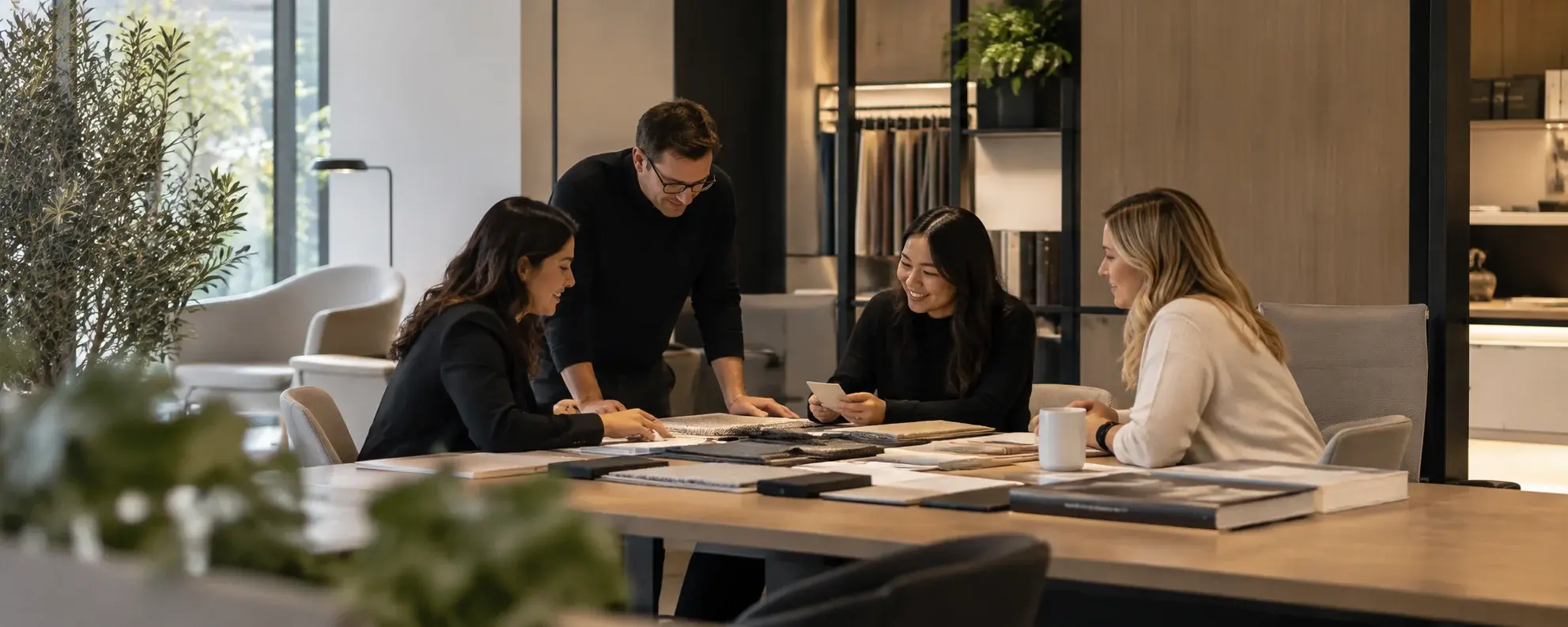 Colleagues gathered around a table reviewing workplace materials