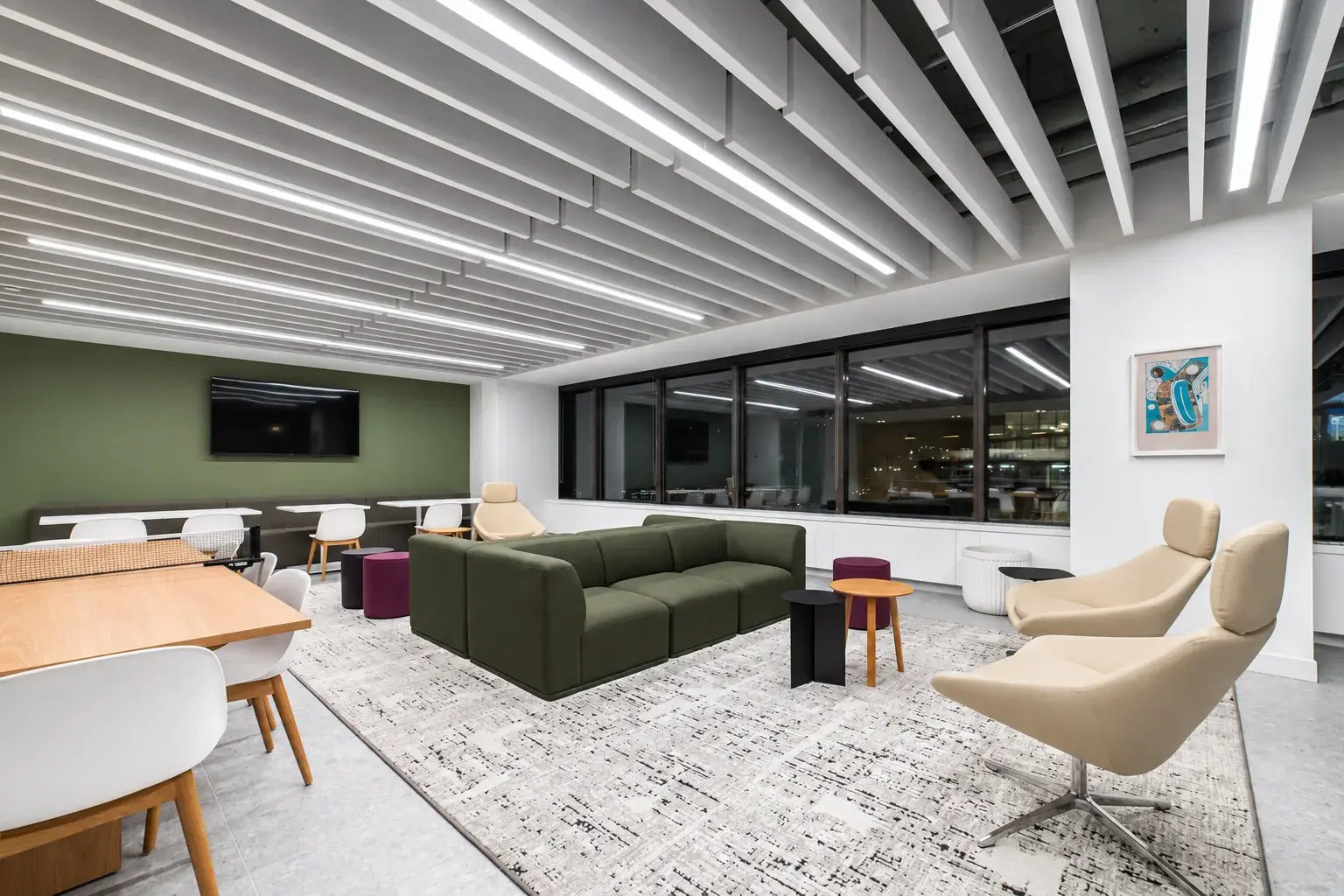 Informal collaboration lounge with sofas and varied seating