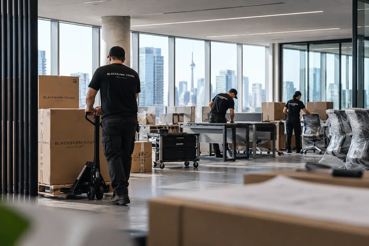 Blackburn Young installation team delivering and assembling workplace furniture