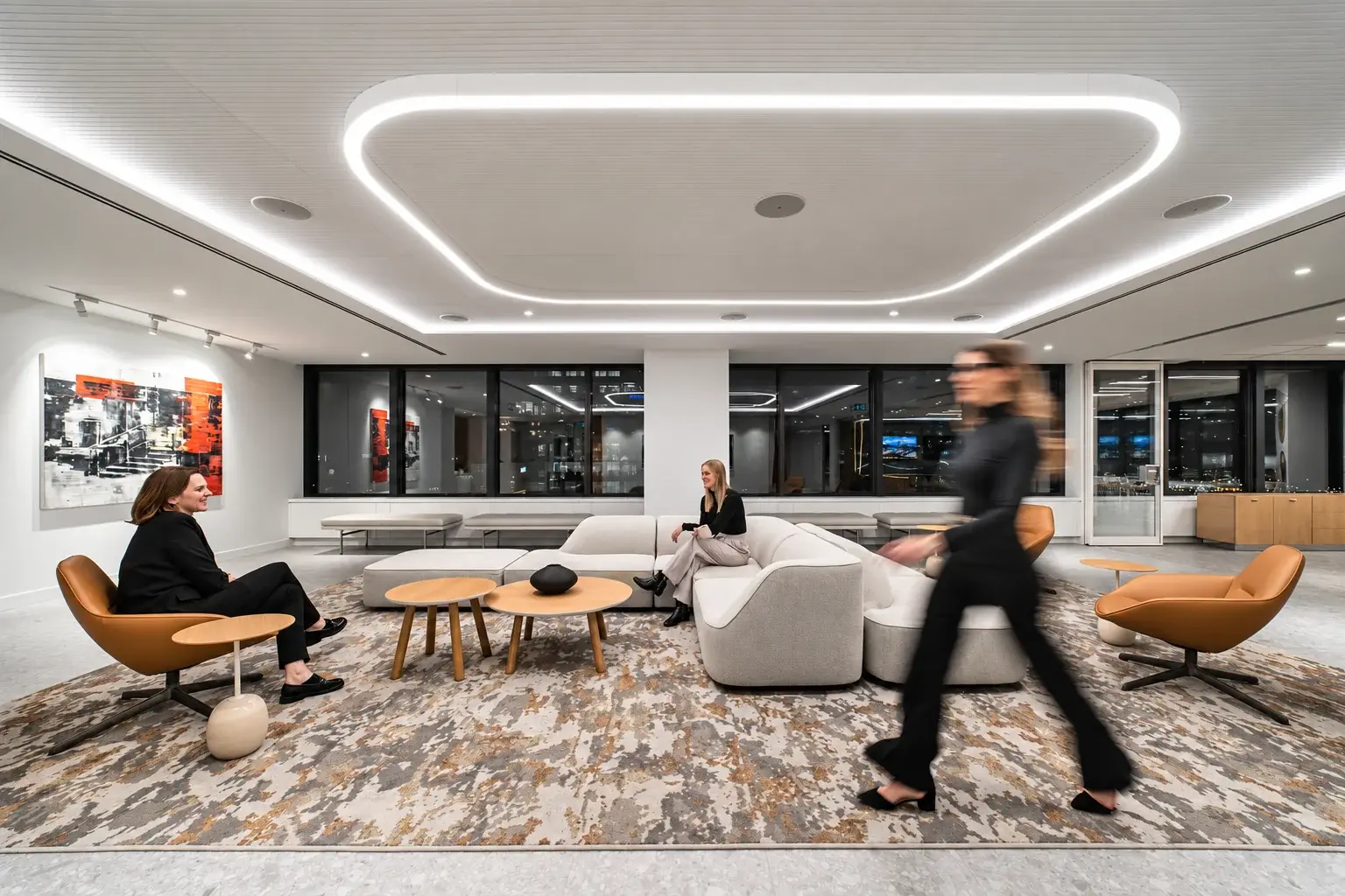 People using the reception lounge in Osler's Vancouver workplace