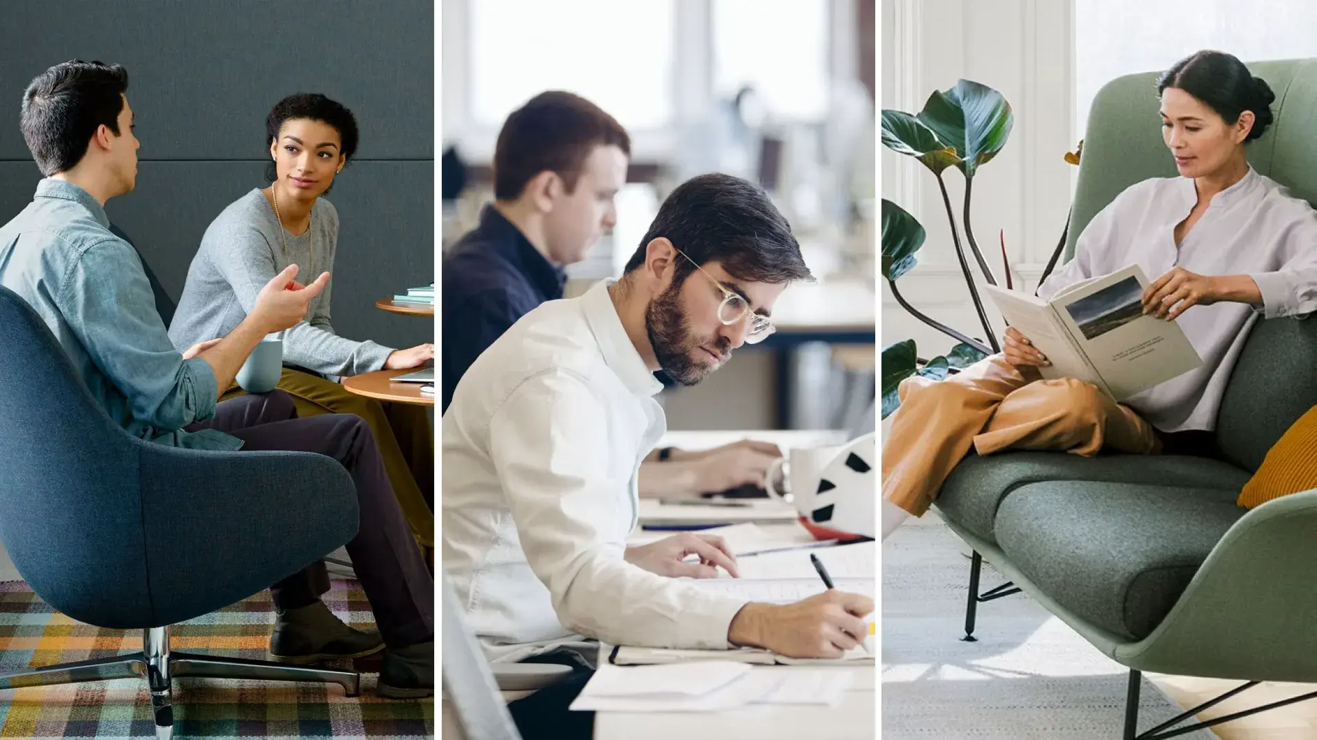 People focusing, collaborating and taking a quiet break at work