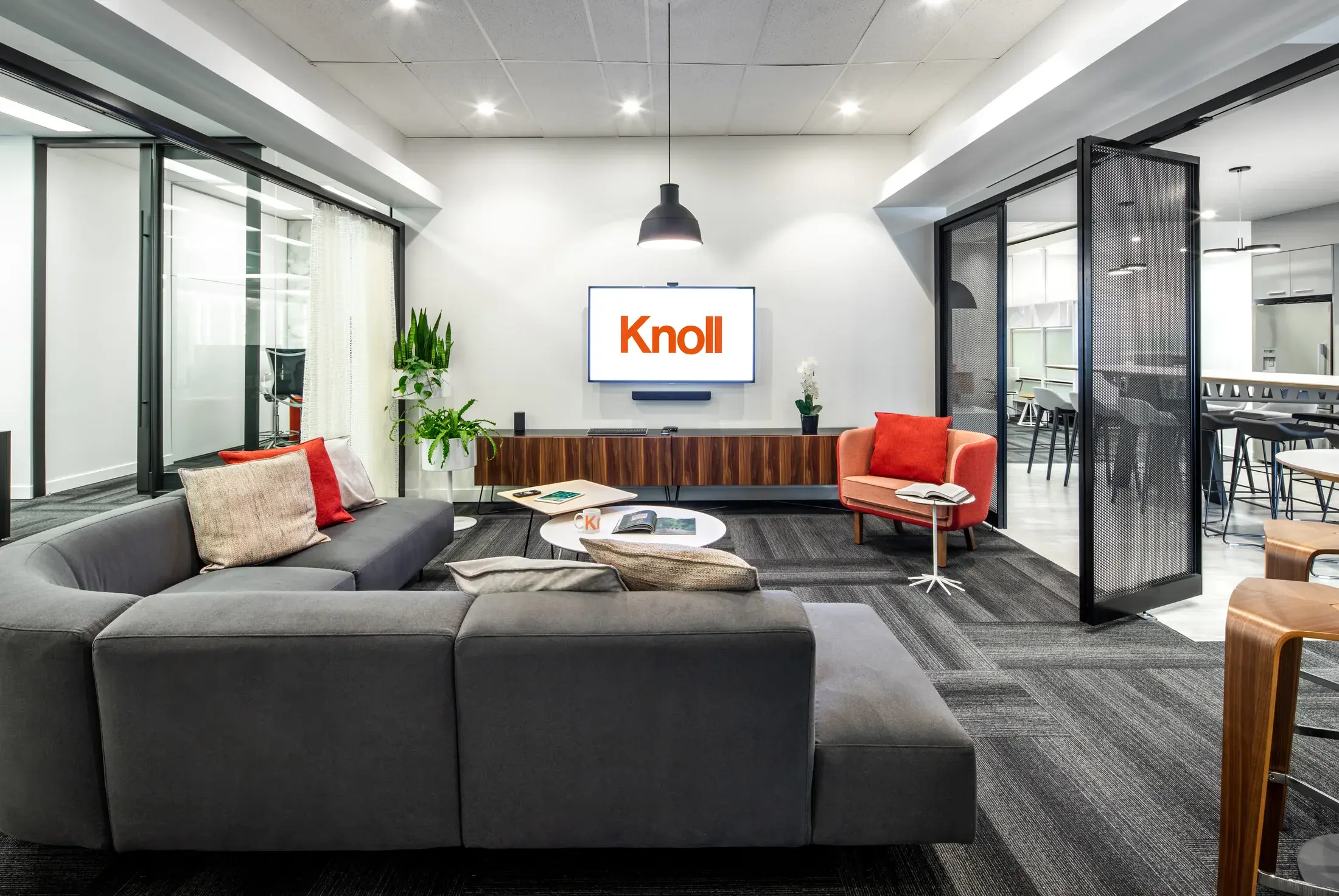 A lounge setting connected to the workplace kitchen