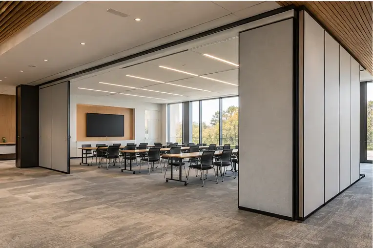 Representative interior with an operable wall dividing a meeting space